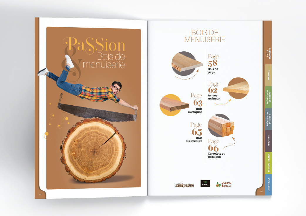 Mise en page de catalogue produits pour une enseigne de vente de bois et dérivés