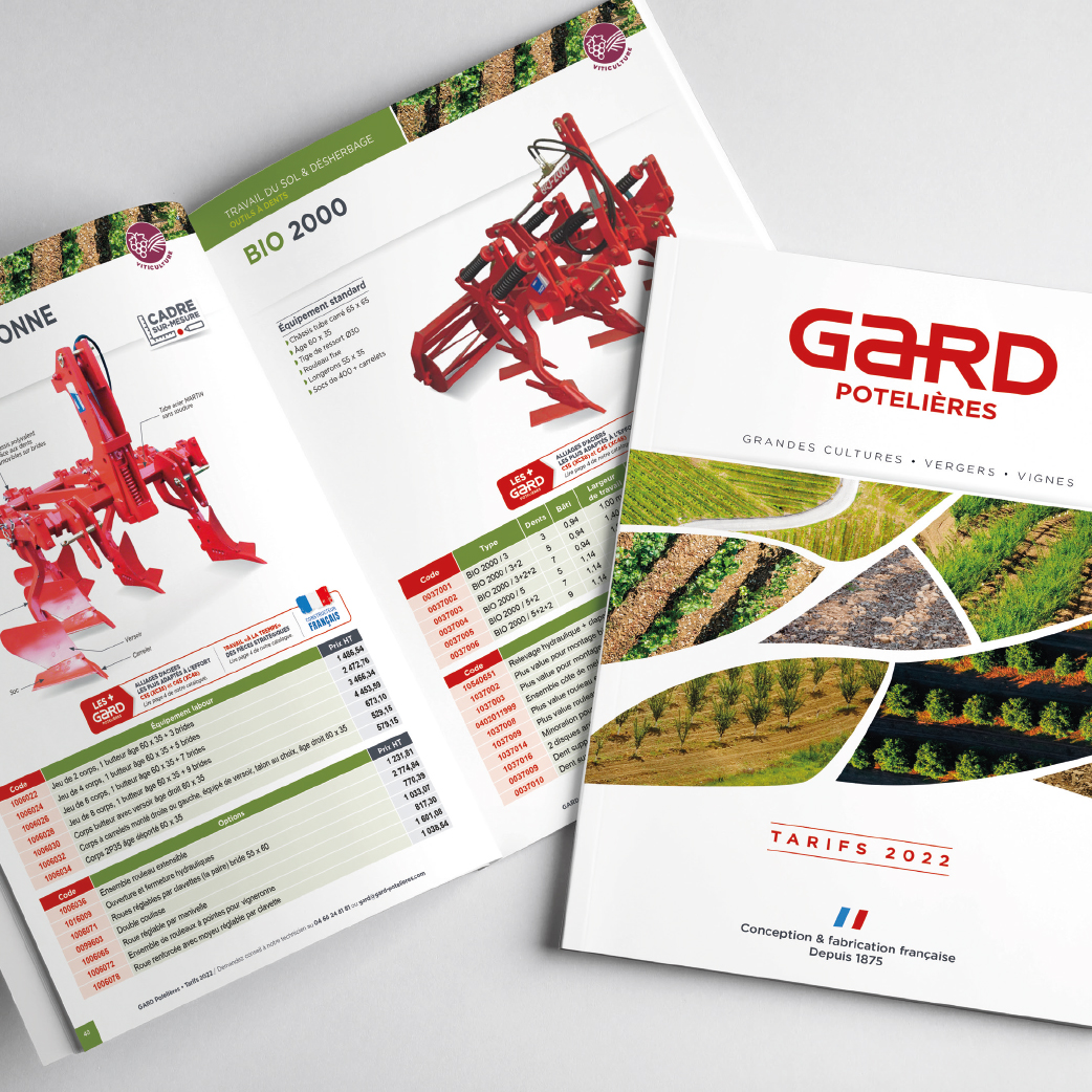 mise en page d’un catalogue tarifs pour la société Gard Potelières spécialisée dans la conception et la fabrication d’outils pour le travail du sol.