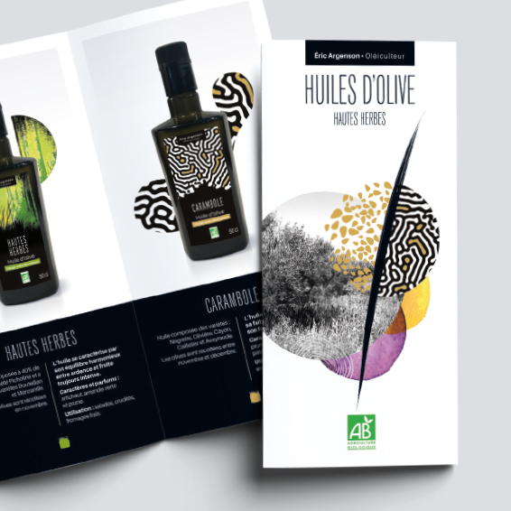 Création d'étiquettes de bouteilles et dépliant pour un producteur d'huiles d'olives bio, Gard
